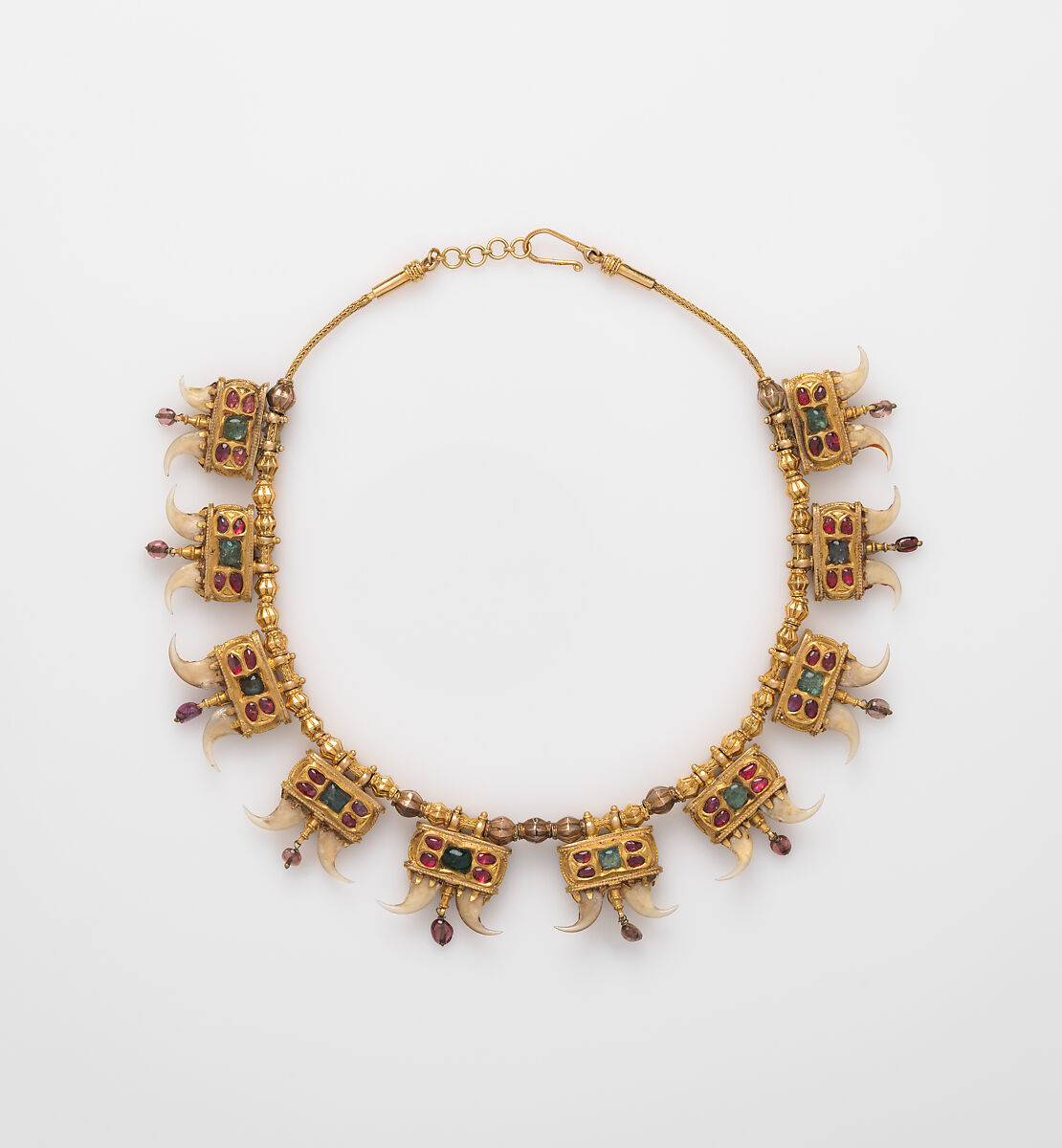 Tiger-Claw necklace, Gold, gold beads, rubies, emeralds, diamonds, spinels and tiger claws