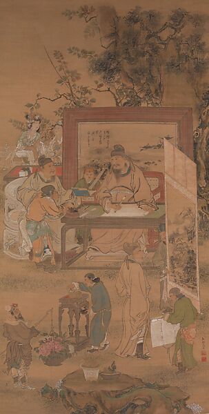 Chinese Literary Gathering, Ikeda Koson (Japanese, 1803–1868), Hanging scroll; ink and color on silk, Japan 