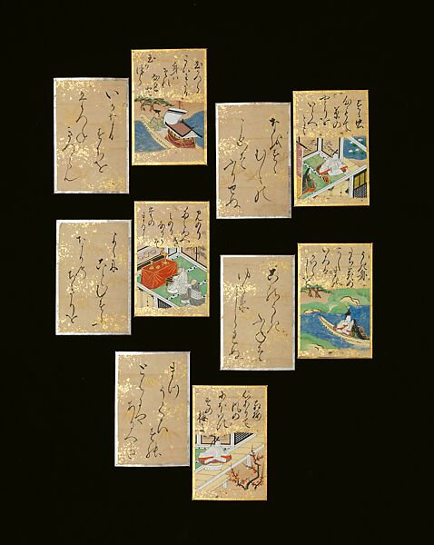Tale of Genji Poem-Matching Cards, Unidentified artist, 108 cards; ink, color, gold, and gold and silver leaf on paper, Japan 