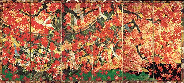 Flowering Cherry and Autumn Maple with Poem Slips, Unidentified artist, Pair of six-panel folding screens; ink, color, gold, and silver on paper, Japan 