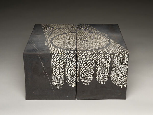 Footprint of the Buddha (Bussokuseki), Kondō Yutaka 近藤豊 (Japanese, 1932–1983), Stoneware with gray-black slip and impressed patterning with white slip inlay, Japan