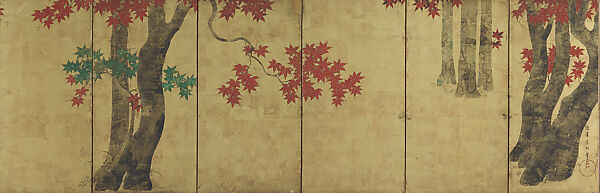 Autumn Maple Trees, Tawaraya Sōri (active late 18th century), Six-panel folding screen; ink, color, and gold-leaf on paper, Japan 
