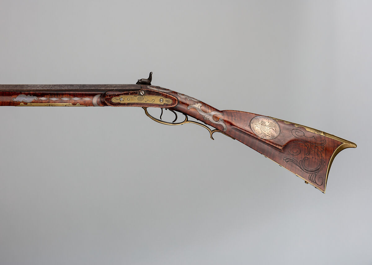 Percussion Longrifle, John Settel (American, active in Franklin Township, Pennsylvania, 1803–1873), Wood (maple, ash), steel, iron, brass, silver, American, Franklin Township, Adams County, Pennsylvania