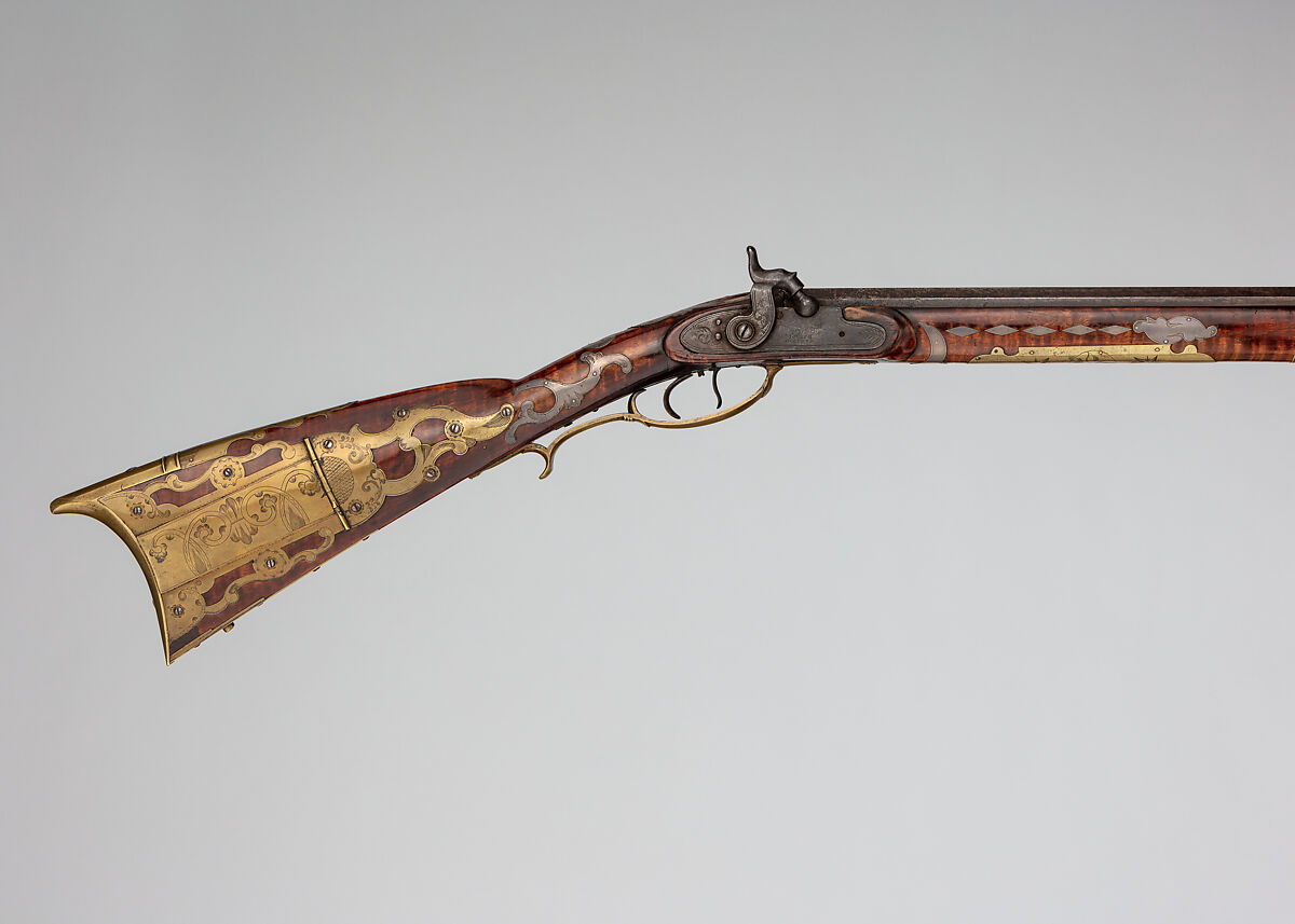 Percussion Longrifle, John Settel (American, active in Franklin Township, Pennsylvania, 1803–1873), Wood ( maple, ash), steel, iron, brass, silver, American, Franklin Township, Adams County, Pennsylvania 