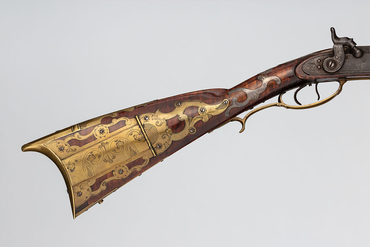 Percussion Longrifle, John Settel (American, active in Franklin Township, Pennsylvania, 1803–1873), Wood (maple, ash), steel, iron, brass, silver, American, Franklin Township, Adams County, Pennsylvania