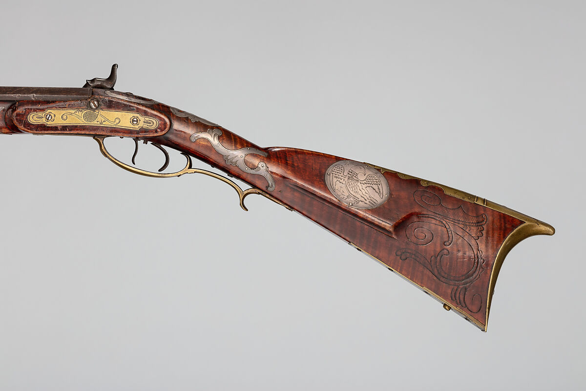 Percussion Longrifle, John Settel (American, active in Franklin Township, Pennsylvania, 1803–1873), Wood (maple, ash), steel, iron, brass, silver, American, Franklin Township, Adams County, Pennsylvania