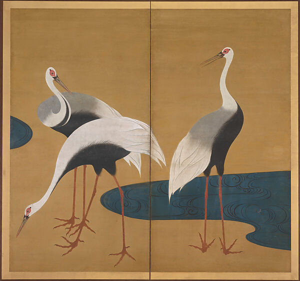 Cranes, Suzuki Kiitsu (Japanese, 1796–1858), Four painted sliding-door panels (fusuma-e) remounted as a pair of two-panel folding screens; ink, color, and gold-painted ground on paper, Japan 