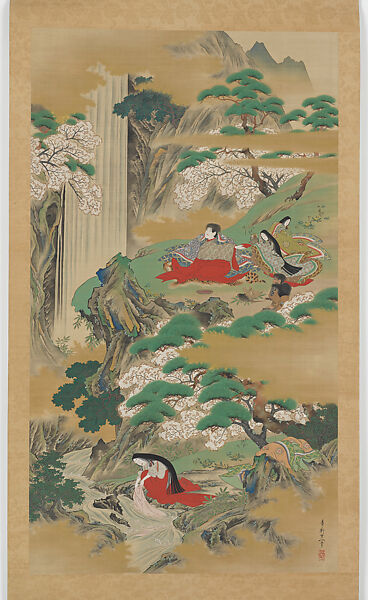 The Demon Shutendōji on Mt. Ōe Viewing Cherry Blossoms, Suzuki Kiitsu (Japanese, 1796–1858), Hanging scroll; ink, color, and gold paint on silk, Japan 