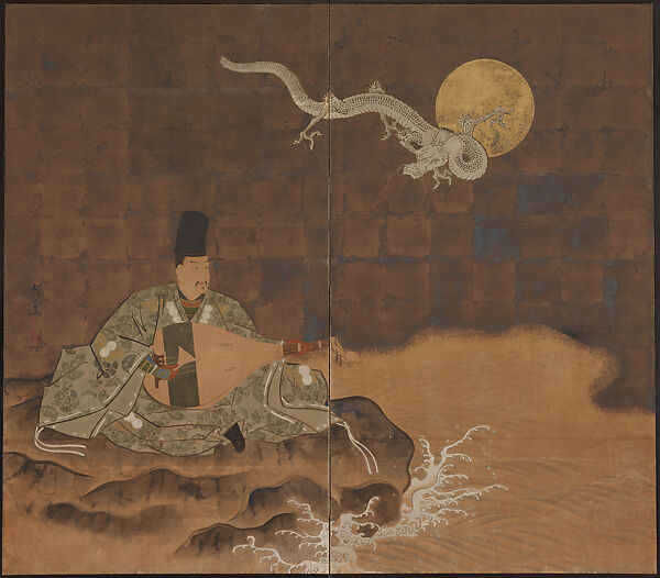 Taira no Tsunemasa Playing the Biwa at Tsukubusuma Shrine, Suzuki Shuitsu (Japanese, 1823–1889), Two-panel folding screen; ink, color, and gold on silk, Japan 