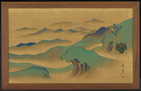 Mountainous Landscape, Suzuki Kiitsu (Japanese, 1796–1858), Pair of small sliding doors (kobusuma); ink, color, and gold flakes on silk, Japan 