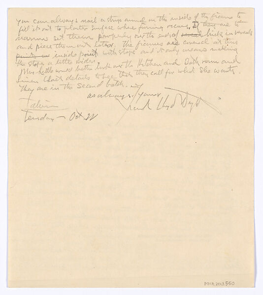 Wright letter to F. W. Little, October 22, 1912, Frank Lloyd Wright (American, Richland Center, Wisconsin 1867–1959 Phoenix, Arizona), Graphite