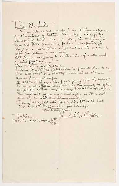 Wright letter to F. W. Little, August 8, 1912, Frank Lloyd Wright (American, Richland Center, Wisconsin 1867–1959 Phoenix, Arizona), Pen and ink 