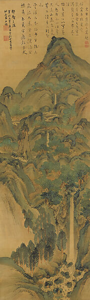 Three Waterfalls of Nachi, Noro Kaiseki (Japanese, 1747–1828), Hanging scroll; ink and color on silk, Japan 