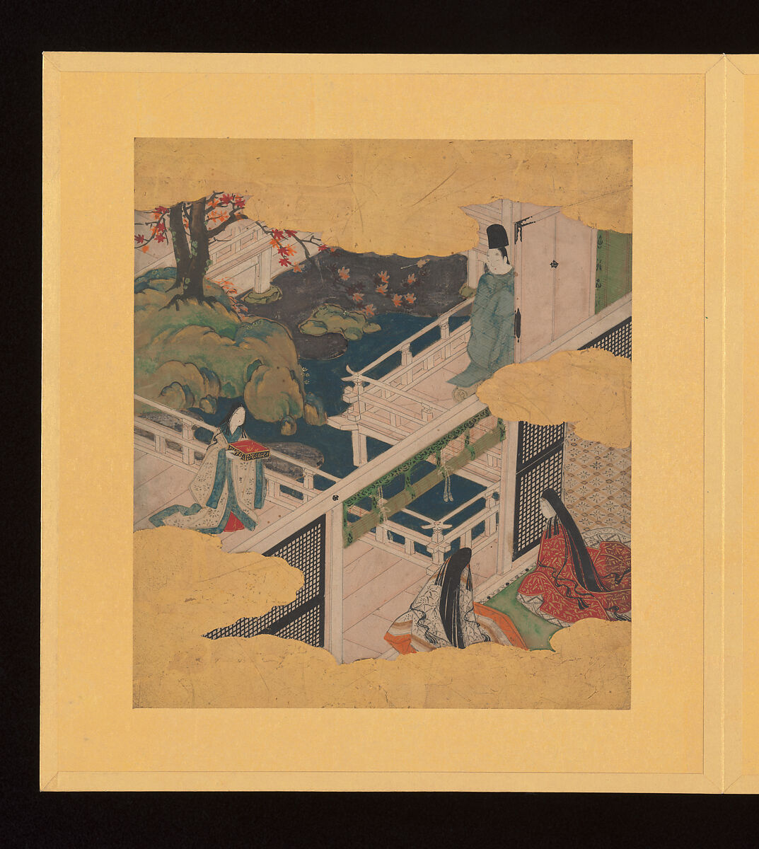 Scenes and Calligraphic Excerpts from The Tale of Genji, Tosa School, Shikishi (poetry cards) mounted in an orihon album; calligraphies: ink on decorated paper; paintings: ink, color, and gold on paper, Japan