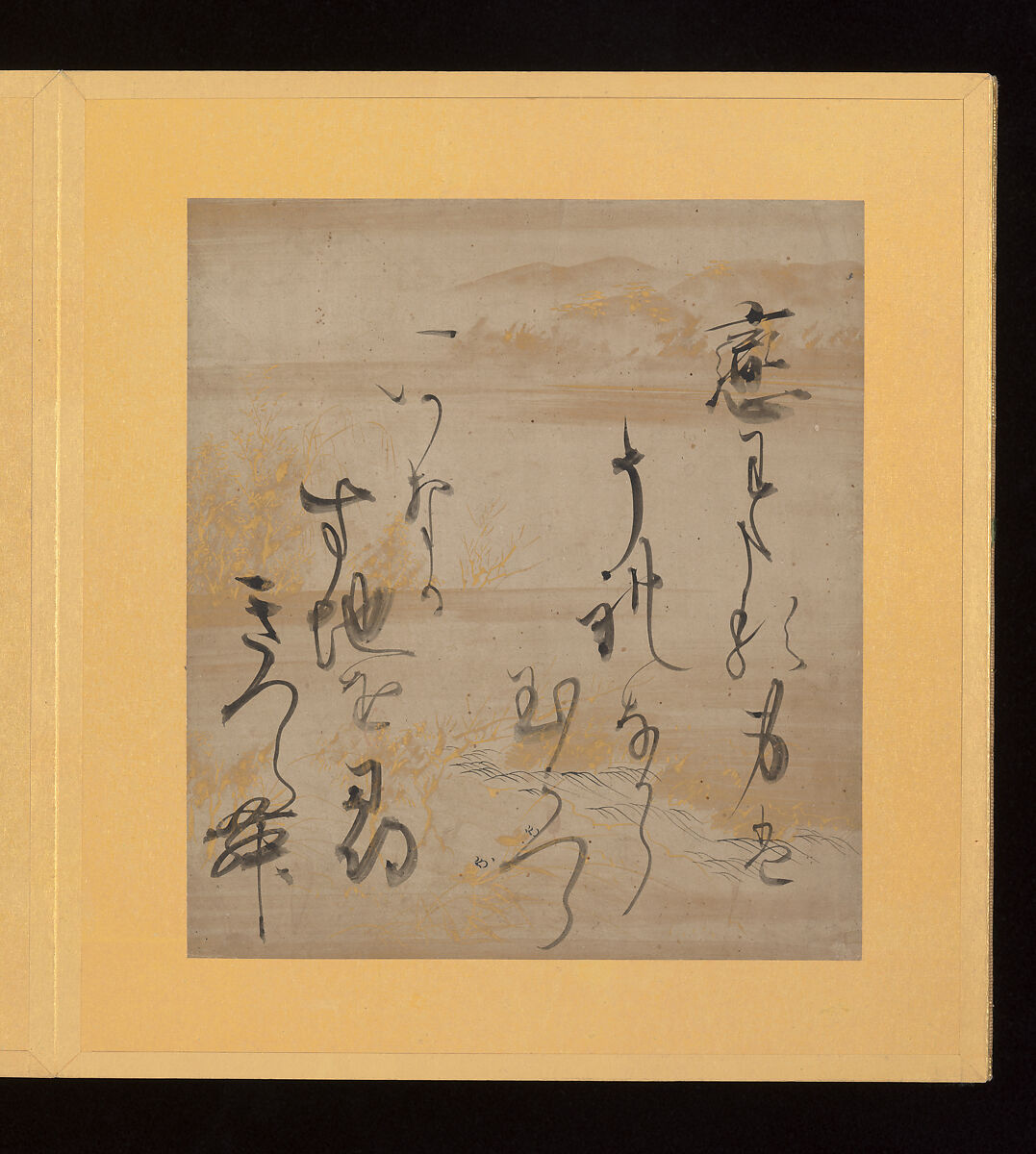 Scenes and Calligraphic Excerpts from The Tale of Genji, Tosa School, Shikishi (poetry cards) mounted in an orihon album; calligraphies: ink on decorated paper; paintings: ink, color, and gold on paper, Japan