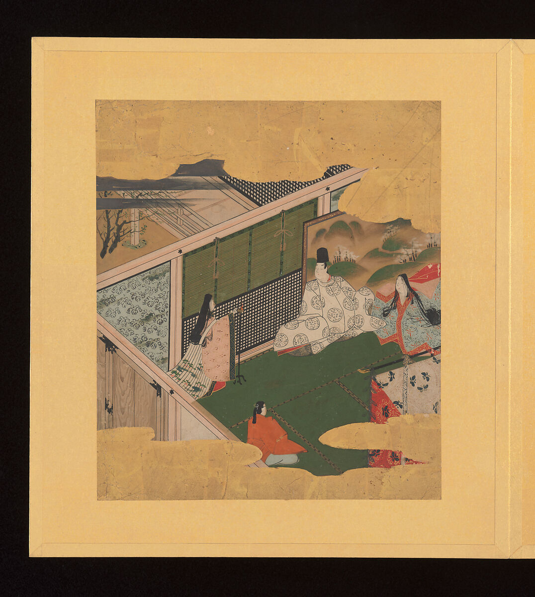 Scenes and Calligraphic Excerpts from The Tale of Genji, Tosa School, Shikishi (poetry cards) mounted in an orihon album; calligraphies: ink on decorated paper; paintings: ink, color, and gold on paper, Japan