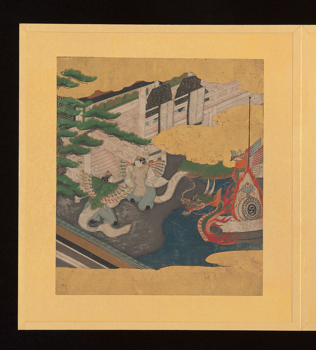 Scenes and Calligraphic Excerpts from The Tale of Genji, Tosa School, Shikishi (poetry cards) mounted in an orihon album; calligraphies: ink on decorated paper; paintings: ink, color, and gold on paper, Japan