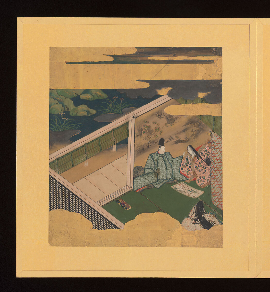 Scenes and Calligraphic Excerpts from The Tale of Genji, Tosa School, Shikishi (poetry cards) mounted in an orihon album; calligraphies: ink on decorated paper; paintings: ink, color, and gold on paper, Japan