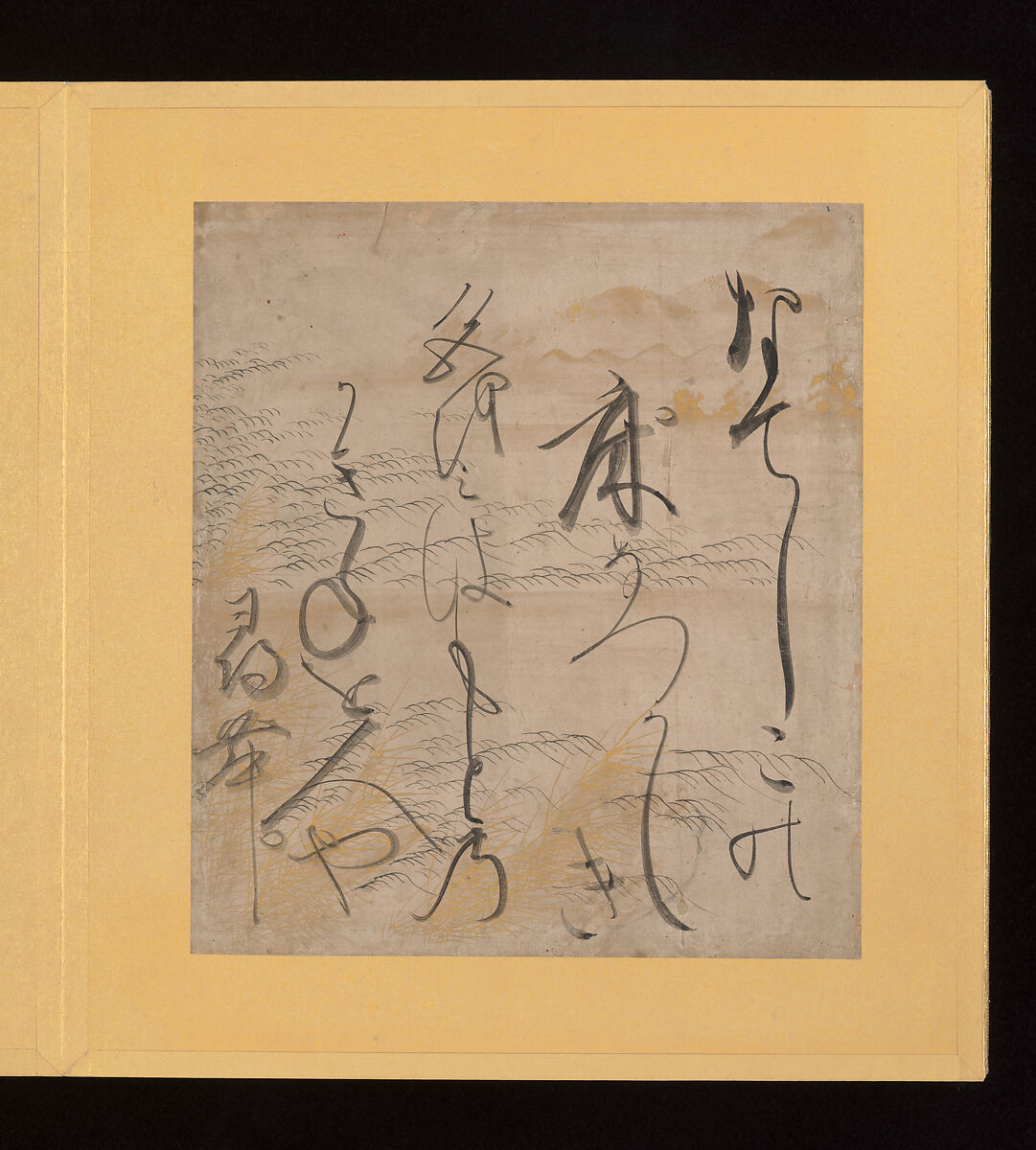 Scenes and Calligraphic Excerpts from The Tale of Genji, Tosa School, Shikishi (poetry cards) mounted in an orihon album; calligraphies: ink on decorated paper; paintings: ink, color, and gold on paper, Japan