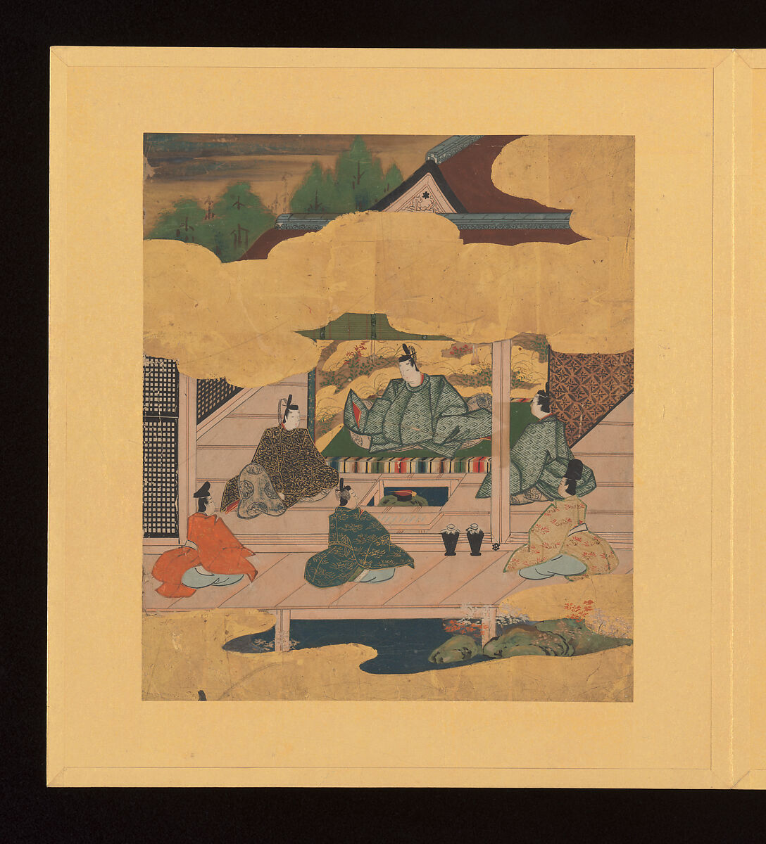 Scenes and Calligraphic Excerpts from The Tale of Genji, Tosa School, Shikishi (poetry cards) mounted in an orihon album; calligraphies: ink on decorated paper; paintings: ink, color, and gold on paper, Japan