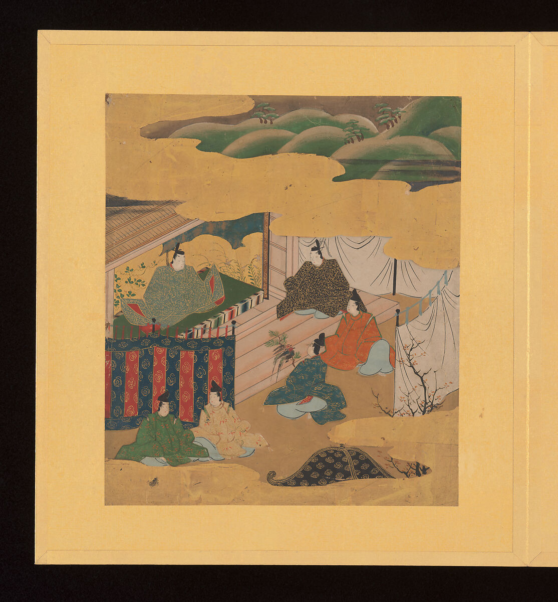 Scenes and Calligraphic Excerpts from The Tale of Genji, Tosa School, Shikishi (poetry cards) mounted in an orihon album; calligraphies: ink on decorated paper; paintings: ink, color, and gold on paper, Japan