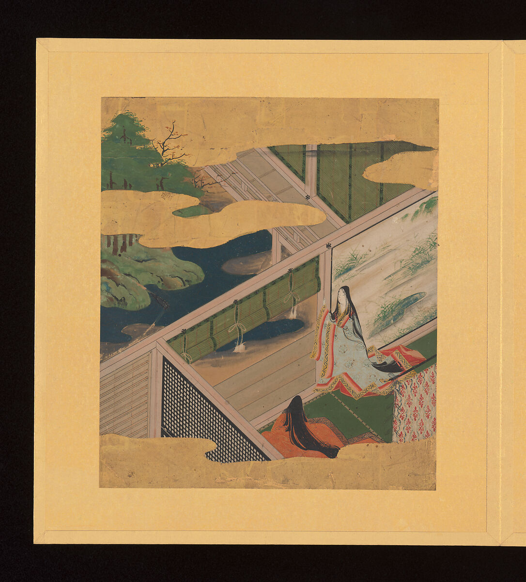 Scenes and Calligraphic Excerpts from The Tale of Genji, Tosa School, Shikishi (poetry cards) mounted in an orihon album; calligraphies: ink on decorated paper; paintings: ink, color, and gold on paper, Japan