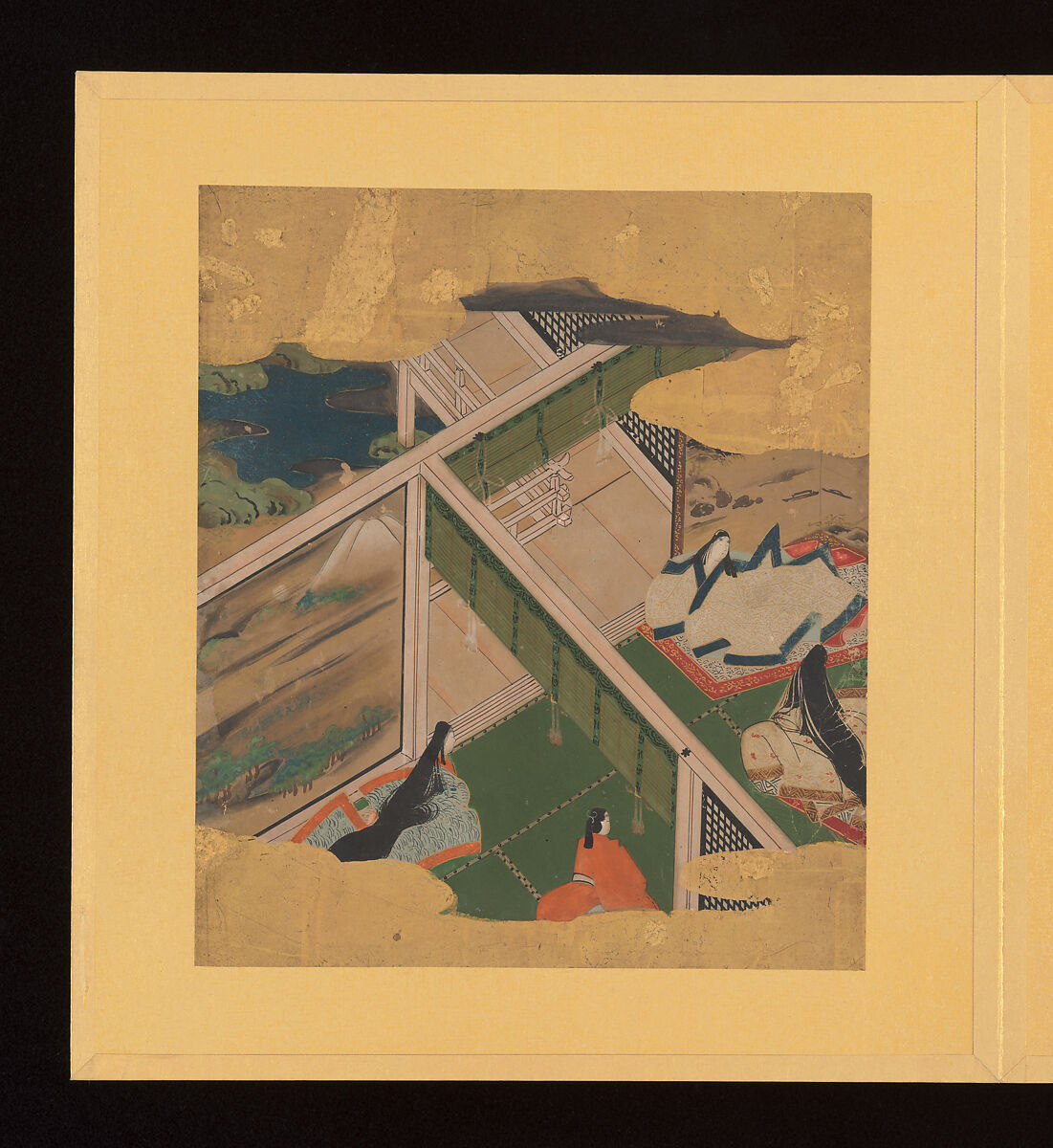 Scenes and Calligraphic Excerpts from The Tale of Genji, Tosa School, Shikishi (poetry cards) mounted in an orihon album; calligraphies: ink on decorated paper; paintings: ink, color, and gold on paper, Japan