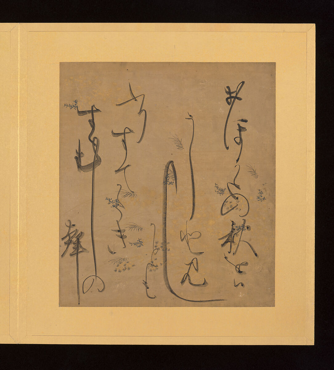 Scenes and Calligraphic Excerpts from The Tale of Genji, Tosa School, Shikishi (poetry cards) mounted in an orihon album; calligraphies: ink on decorated paper; paintings: ink, color, and gold on paper, Japan