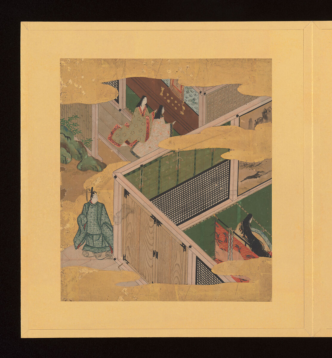 Scenes and Calligraphic Excerpts from The Tale of Genji, Tosa School, Shikishi (poetry cards) mounted in an orihon album; calligraphies: ink on decorated paper; paintings: ink, color, and gold on paper, Japan