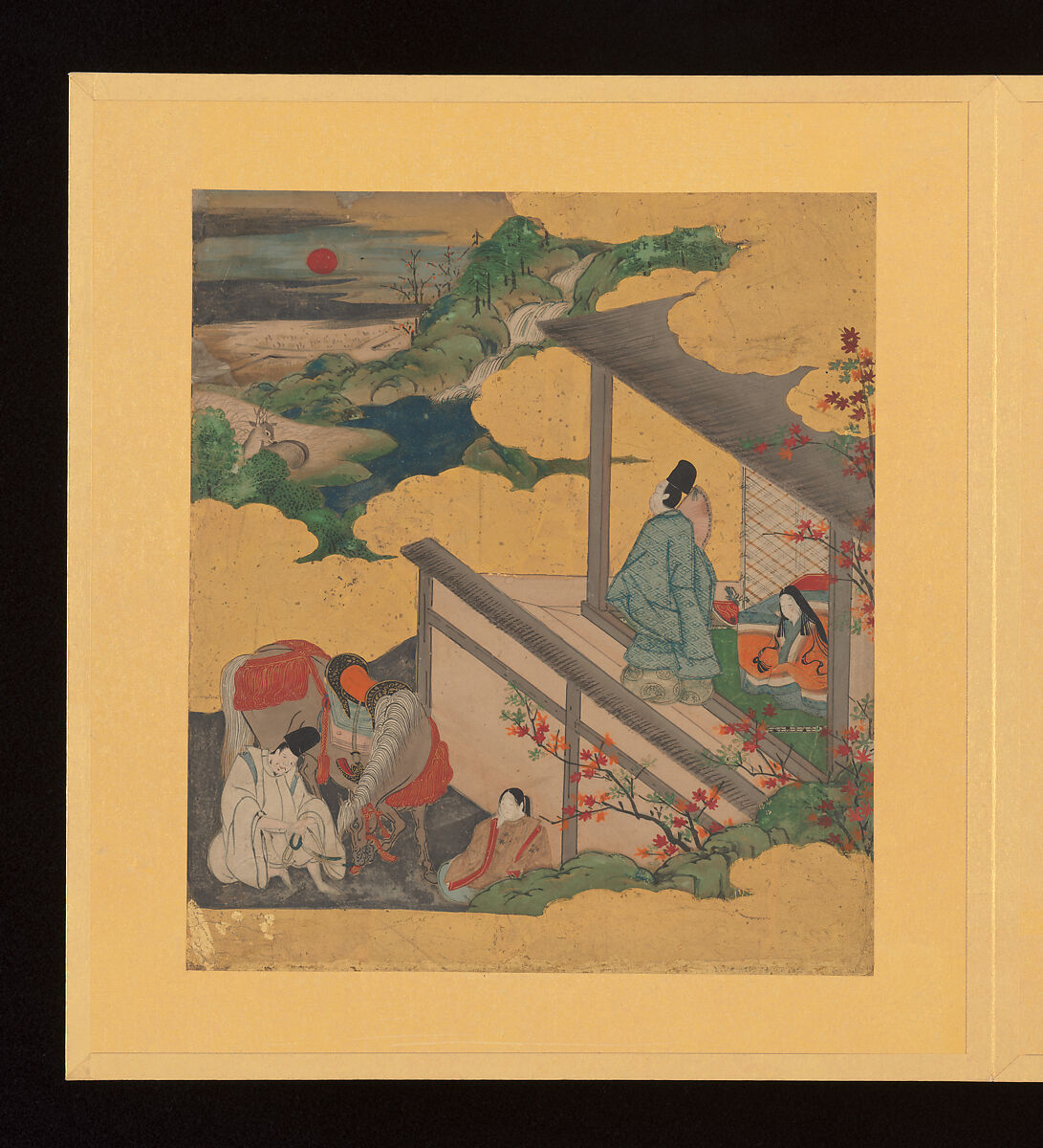 Scenes and Calligraphic Excerpts from The Tale of Genji, Tosa School, Shikishi (poetry cards) mounted in an orihon album; calligraphies: ink on decorated paper; paintings: ink, color, and gold on paper, Japan