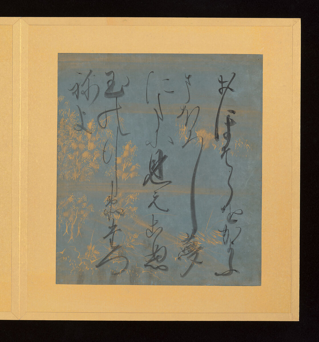 Scenes and Calligraphic Excerpts from The Tale of Genji, Tosa School, Shikishi (poetry cards) mounted in an orihon album; calligraphies: ink on decorated paper; paintings: ink, color, and gold on paper, Japan