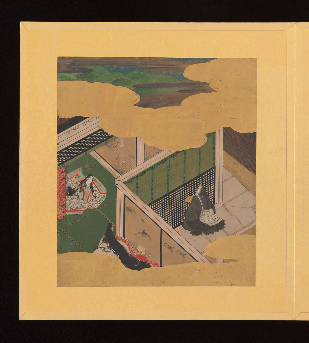 Scenes and Calligraphic Excerpts from The Tale of Genji, Tosa School, Shikishi (poetry cards) mounted in an orihon album; calligraphies: ink on decorated paper; paintings: ink, color, and gold on paper, Japan