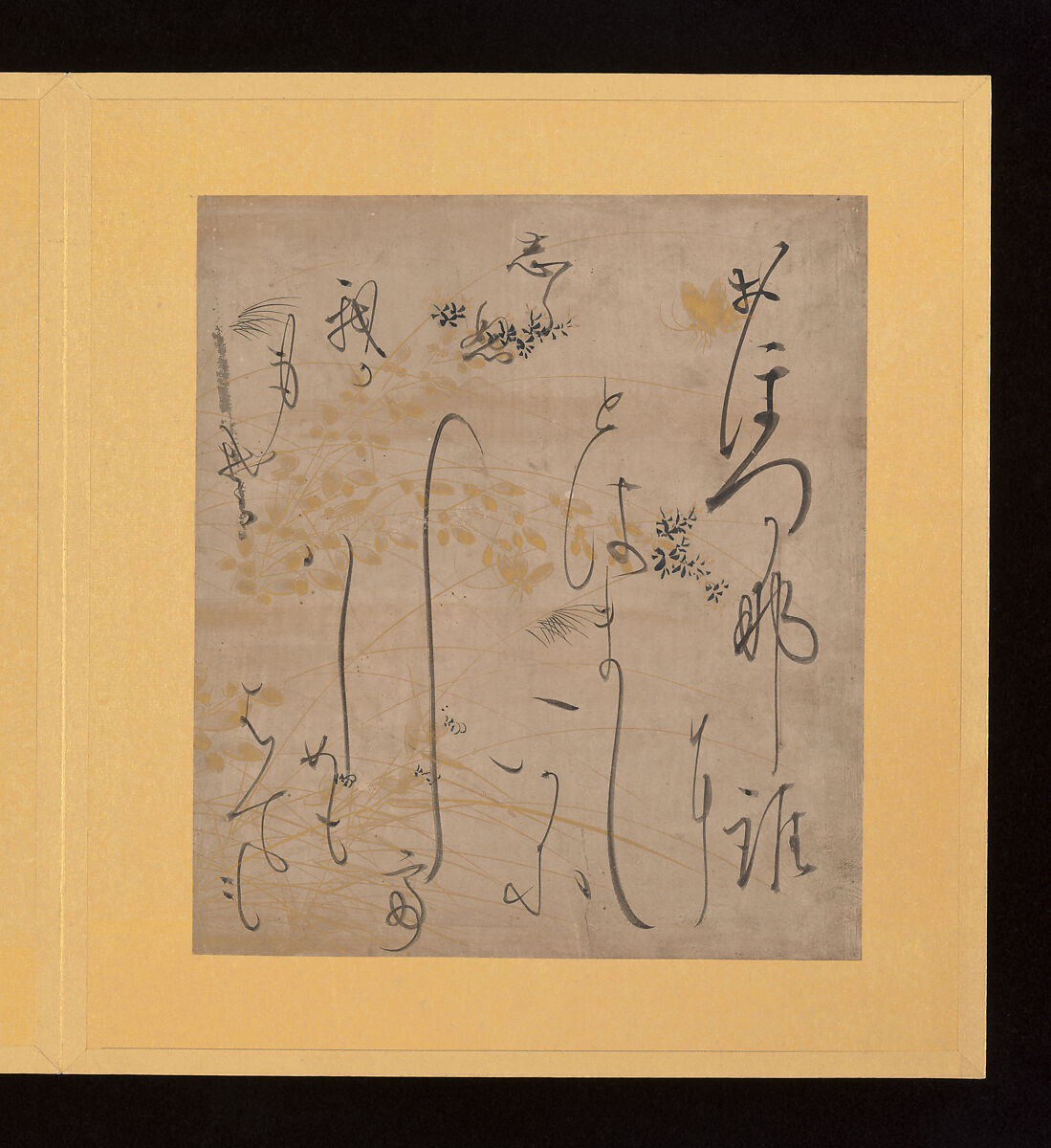 Scenes and Calligraphic Excerpts from The Tale of Genji, Tosa School, Shikishi (poetry cards) mounted in an orihon album; calligraphies: ink on decorated paper; paintings: ink, color, and gold on paper, Japan
