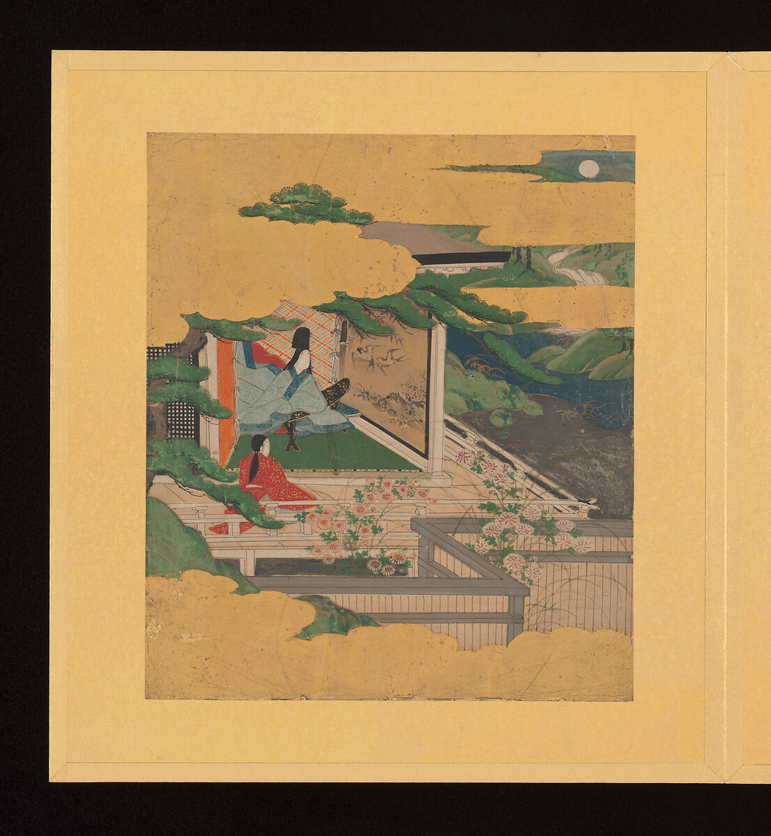 Scenes and Calligraphic Excerpts from The Tale of Genji, Tosa School, Shikishi (poetry cards) mounted in an orihon album; calligraphies: ink on decorated paper; paintings: ink, color, and gold on paper, Japan