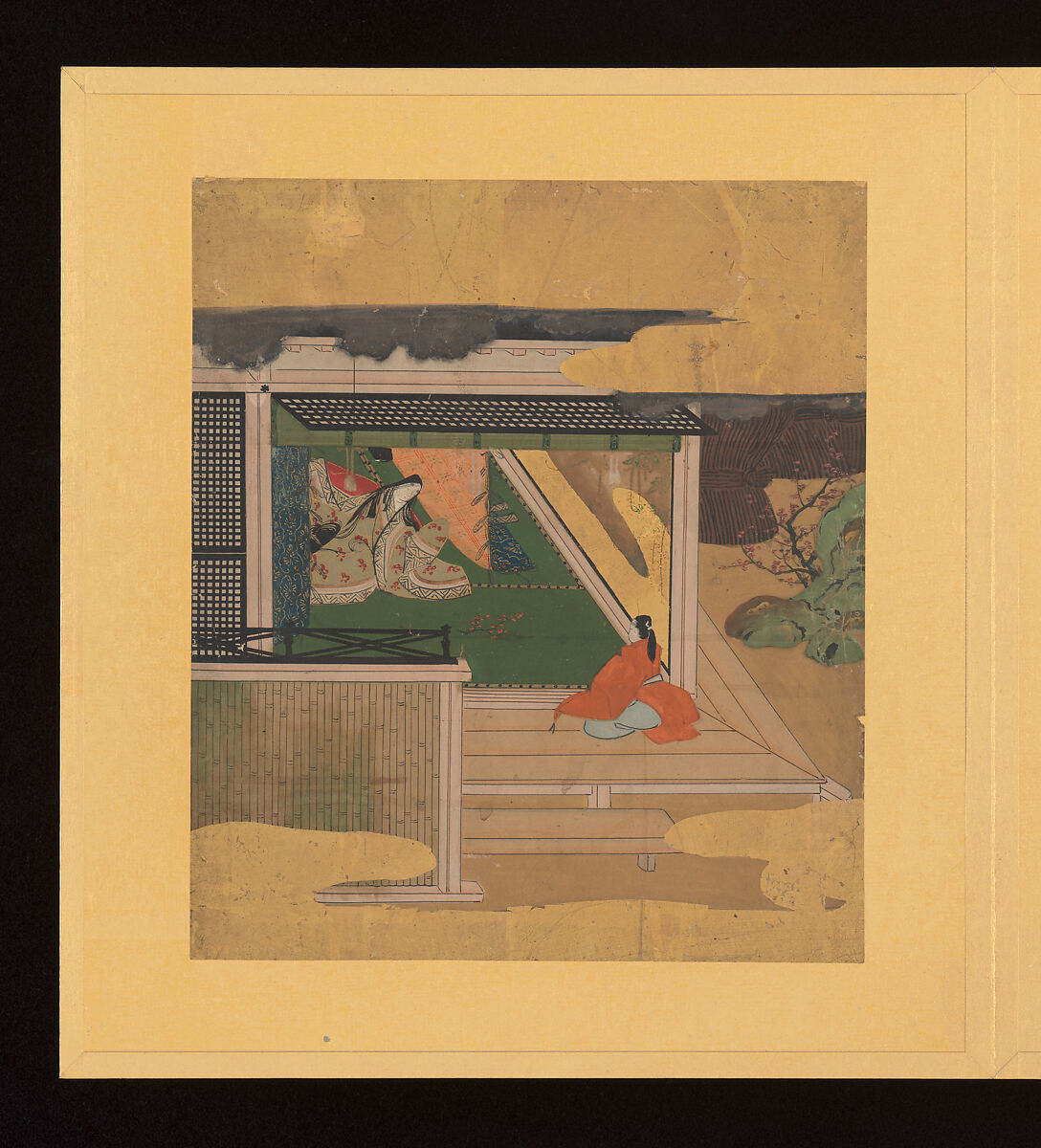 Scenes and Calligraphic Excerpts from The Tale of Genji, Tosa School, Shikishi (poetry cards) mounted in an orihon album; calligraphies: ink on decorated paper; paintings: ink, color, and gold on paper, Japan