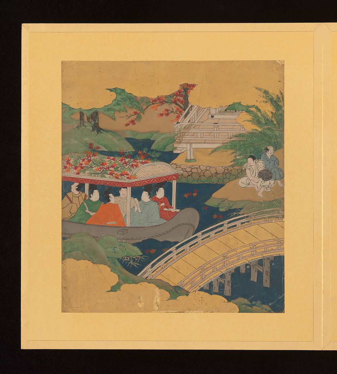 Scenes and Calligraphic Excerpts from The Tale of Genji, Tosa School, Shikishi (poetry cards) mounted in an orihon album; calligraphies: ink on decorated paper; paintings: ink, color, and gold on paper, Japan