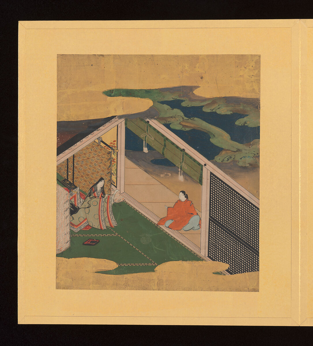 Scenes and Calligraphic Excerpts from The Tale of Genji, Tosa School, Shikishi (poetry cards) mounted in an orihon album; calligraphies: ink on decorated paper; paintings: ink, color, and gold on paper, Japan