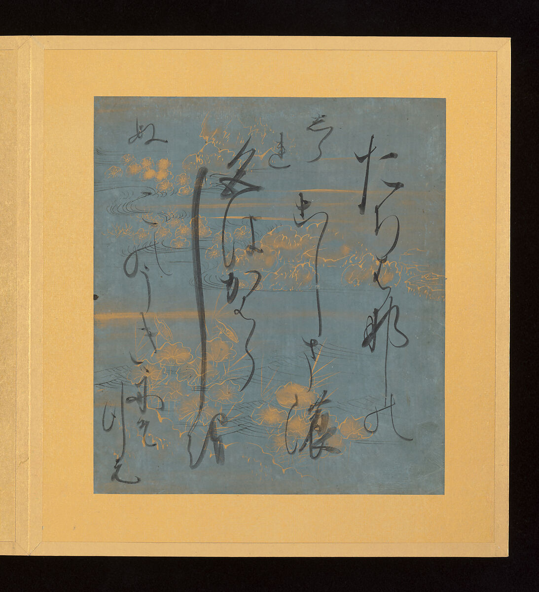 Scenes and Calligraphic Excerpts from The Tale of Genji, Tosa School, Shikishi (poetry cards) mounted in an orihon album; calligraphies: ink on decorated paper; paintings: ink, color, and gold on paper, Japan
