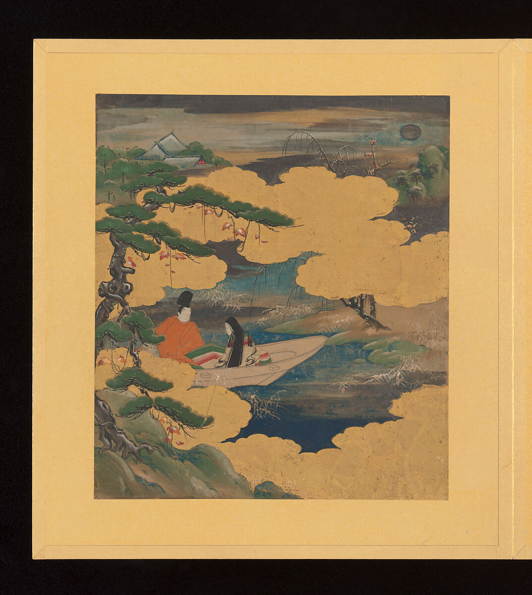 Scenes and Calligraphic Excerpts from The Tale of Genji, Tosa School, Shikishi (poetry cards) mounted in an orihon album; calligraphies: ink on decorated paper; paintings: ink, color, and gold on paper, Japan