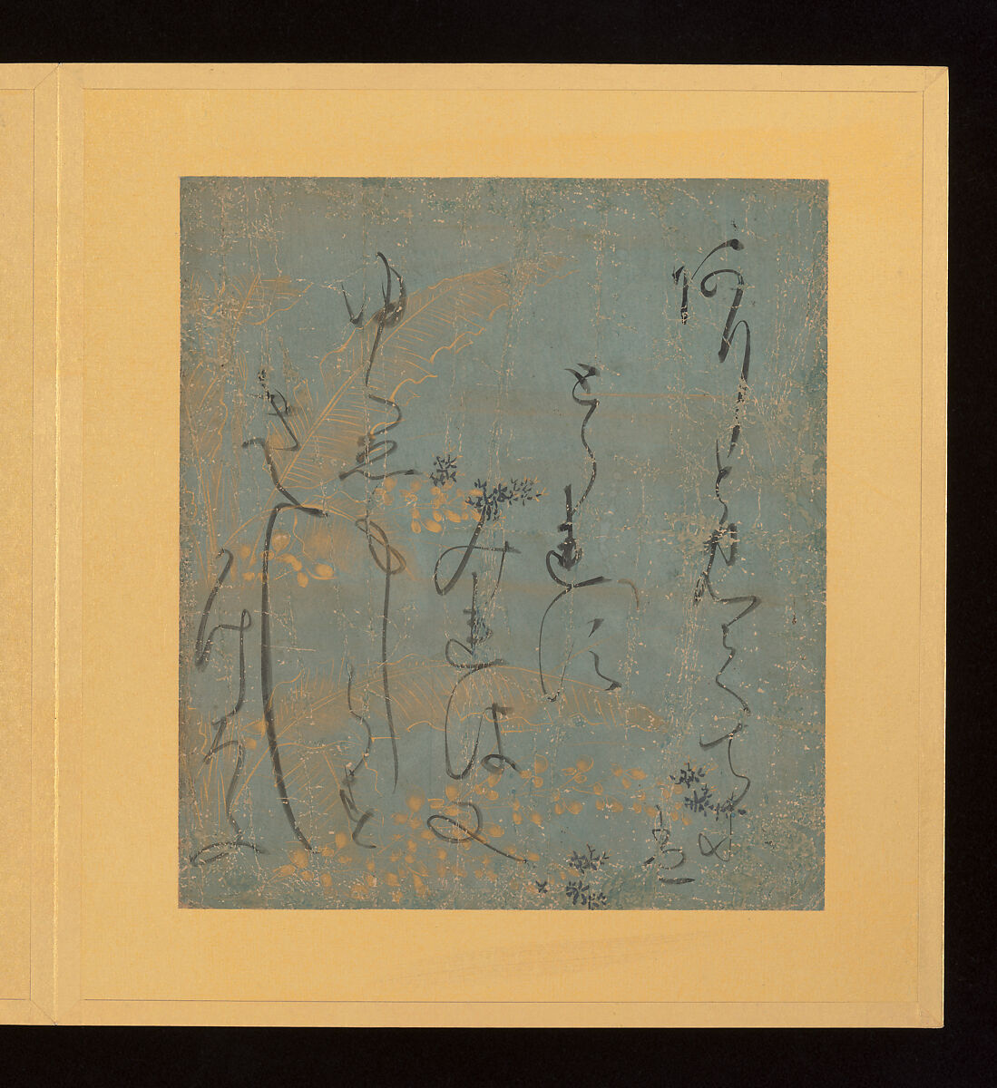 Scenes and Calligraphic Excerpts from The Tale of Genji, Tosa School, Shikishi (poetry cards) mounted in an orihon album; calligraphies: ink on decorated paper; paintings: ink, color, and gold on paper, Japan