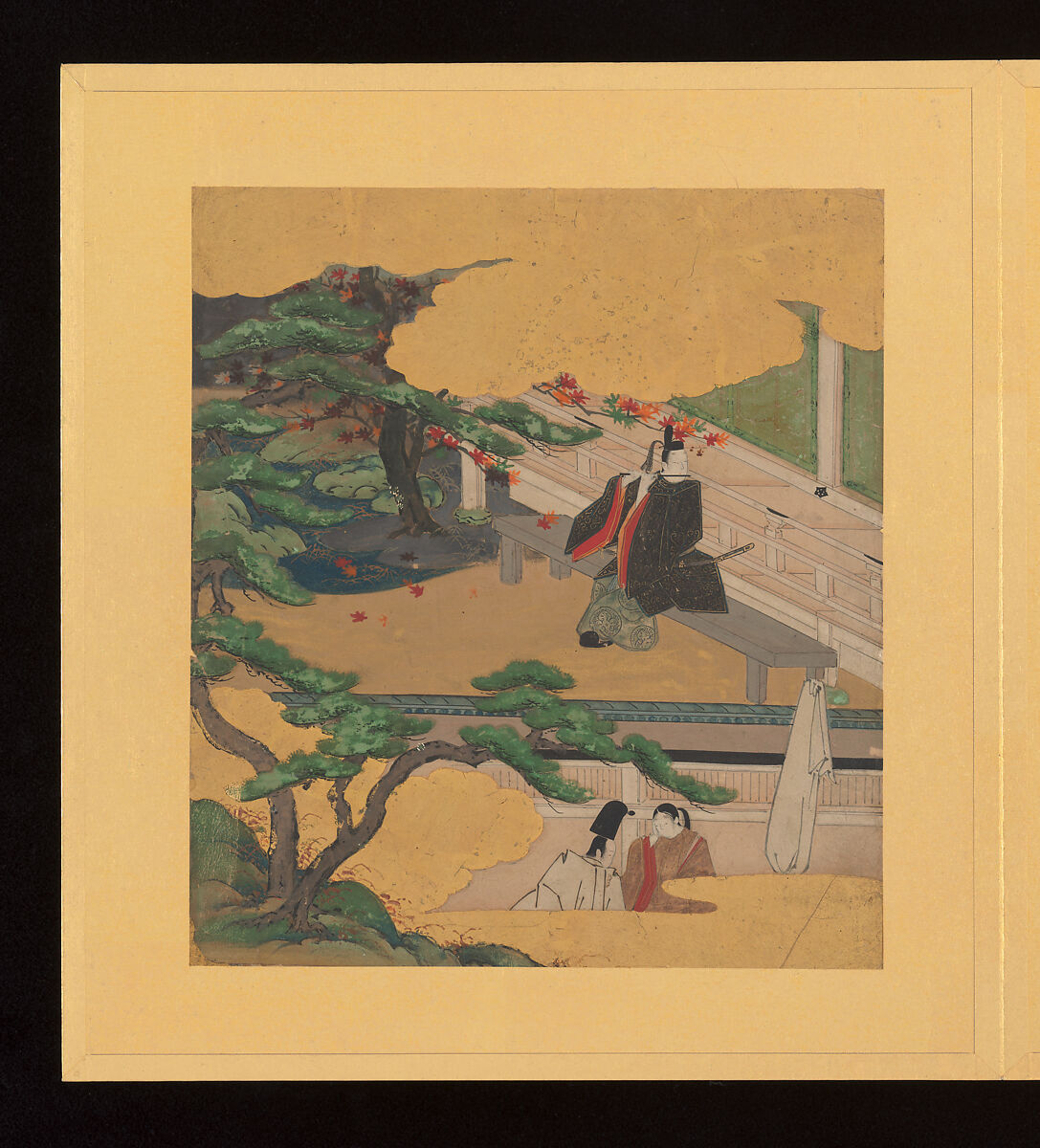 Scenes and Calligraphic Excerpts from The Tale of Genji, Tosa School, Shikishi (poetry cards) mounted in an orihon album; calligraphies: ink on decorated paper; paintings: ink, color, and gold on paper, Japan