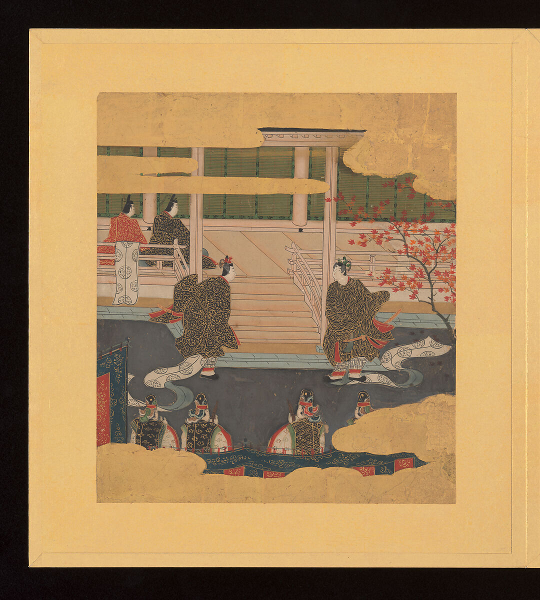 Scenes and Calligraphic Excerpts from The Tale of Genji, Tosa School, Shikishi (poetry cards) mounted in an orihon album; calligraphies: ink on decorated paper; paintings: ink, color, and gold on paper, Japan