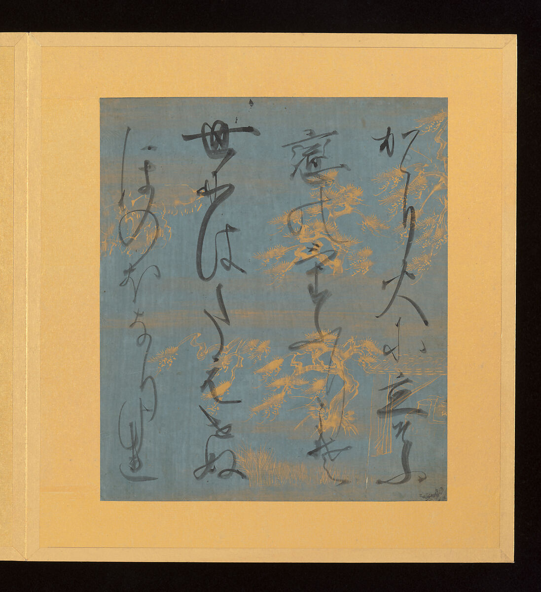 Scenes and Calligraphic Excerpts from The Tale of Genji, Tosa School, Shikishi (poetry cards) mounted in an orihon album; calligraphies: ink on decorated paper; paintings: ink, color, and gold on paper, Japan