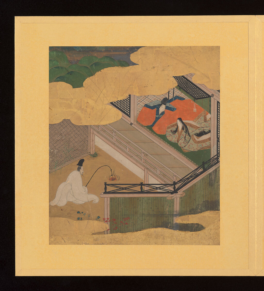 Scenes and Calligraphic Excerpts from The Tale of Genji, Tosa School, Shikishi (poetry cards) mounted in an orihon album; calligraphies: ink on decorated paper; paintings: ink, color, and gold on paper, Japan