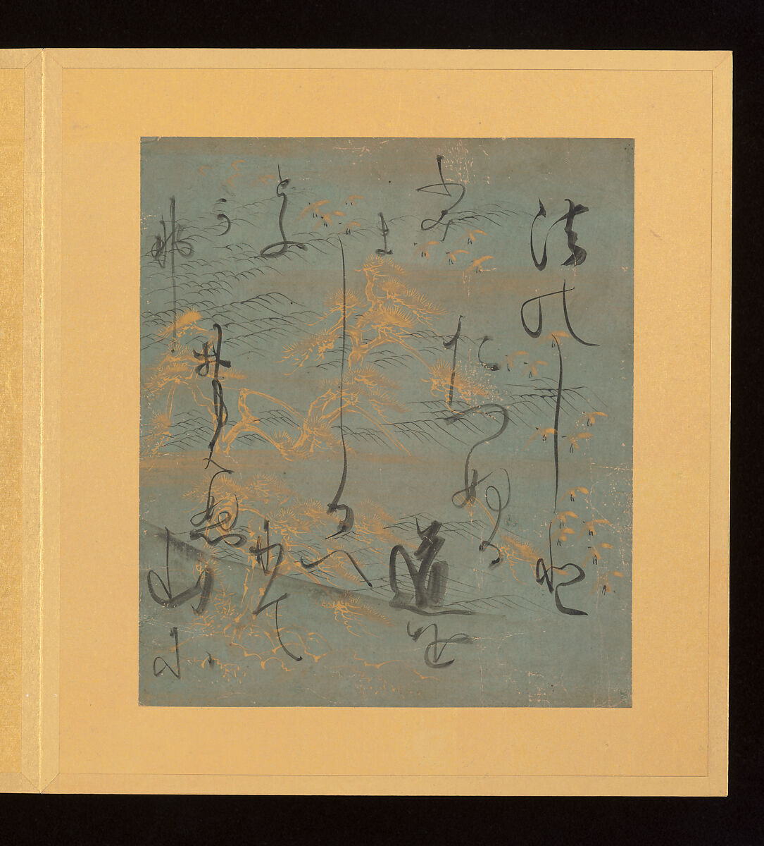 Scenes and Calligraphic Excerpts from The Tale of Genji, Tosa School, Shikishi (poetry cards) mounted in an orihon album; calligraphies: ink on decorated paper; paintings: ink, color, and gold on paper, Japan