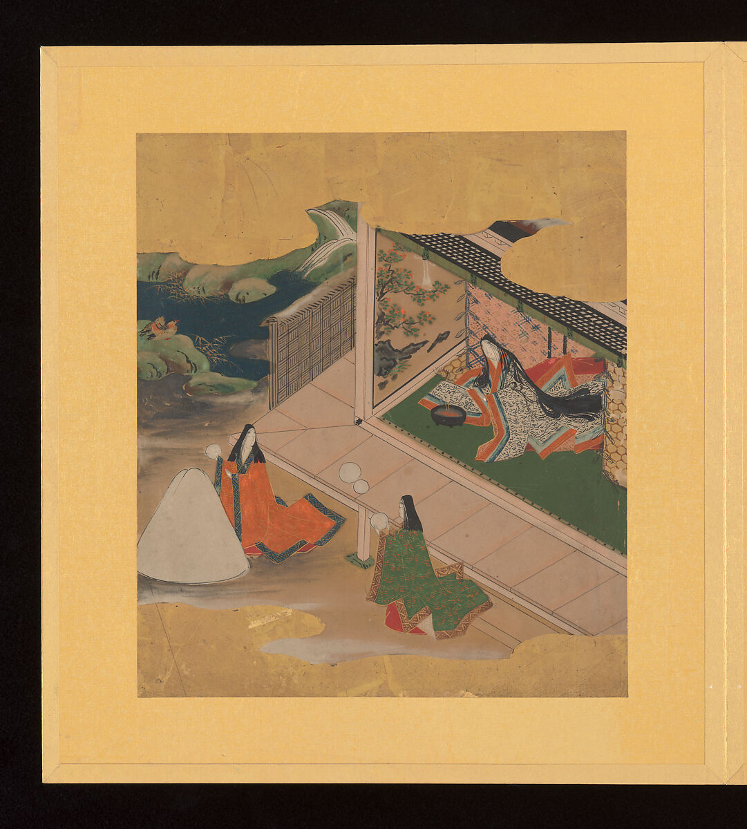 Scenes and Calligraphic Excerpts from The Tale of Genji, Tosa School, Shikishi (poetry cards) mounted in an orihon album; calligraphies: ink on decorated paper; paintings: ink, color, and gold on paper, Japan