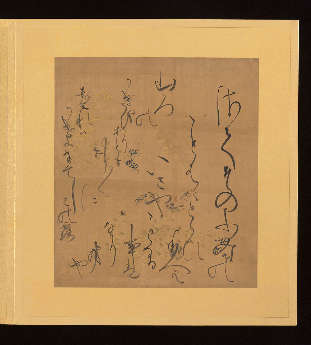 Scenes and Calligraphic Excerpts from The Tale of Genji, Tosa School, Shikishi (poetry cards) mounted in an orihon album; calligraphies: ink on decorated paper; paintings: ink, color, and gold on paper, Japan