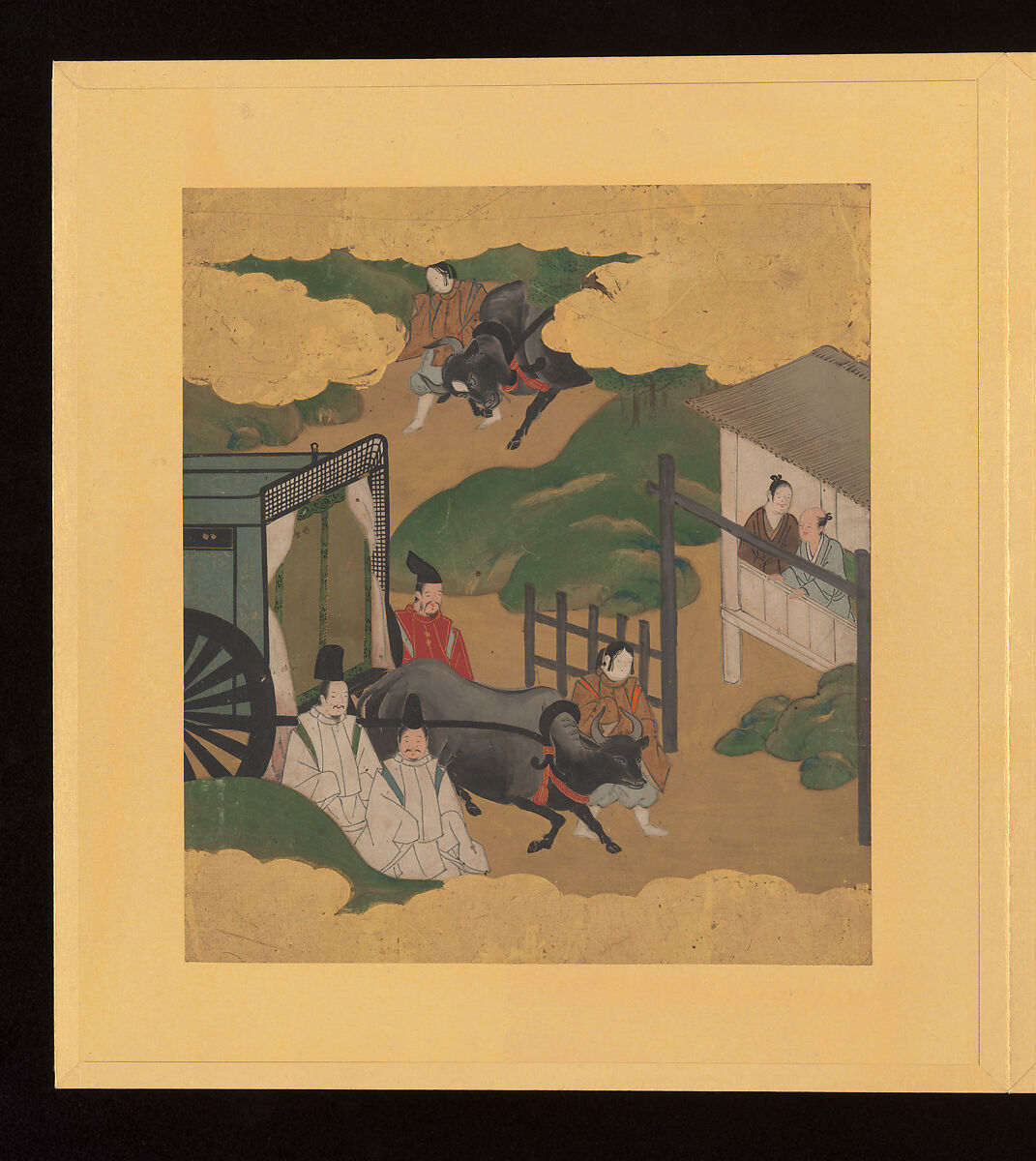 Scenes and Calligraphic Excerpts from The Tale of Genji, Tosa School, Shikishi (poetry cards) mounted in an orihon album; calligraphies: ink on decorated paper; paintings: ink, color, and gold on paper, Japan