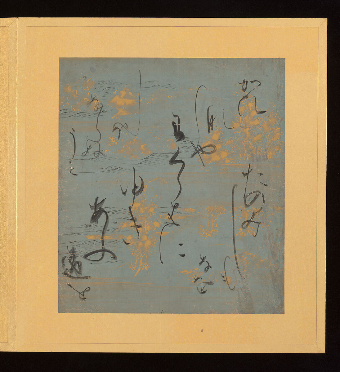 Scenes and Calligraphic Excerpts from The Tale of Genji, Tosa School, Shikishi (poetry cards) mounted in an orihon album; calligraphies: ink on decorated paper; paintings: ink, color, and gold on paper, Japan