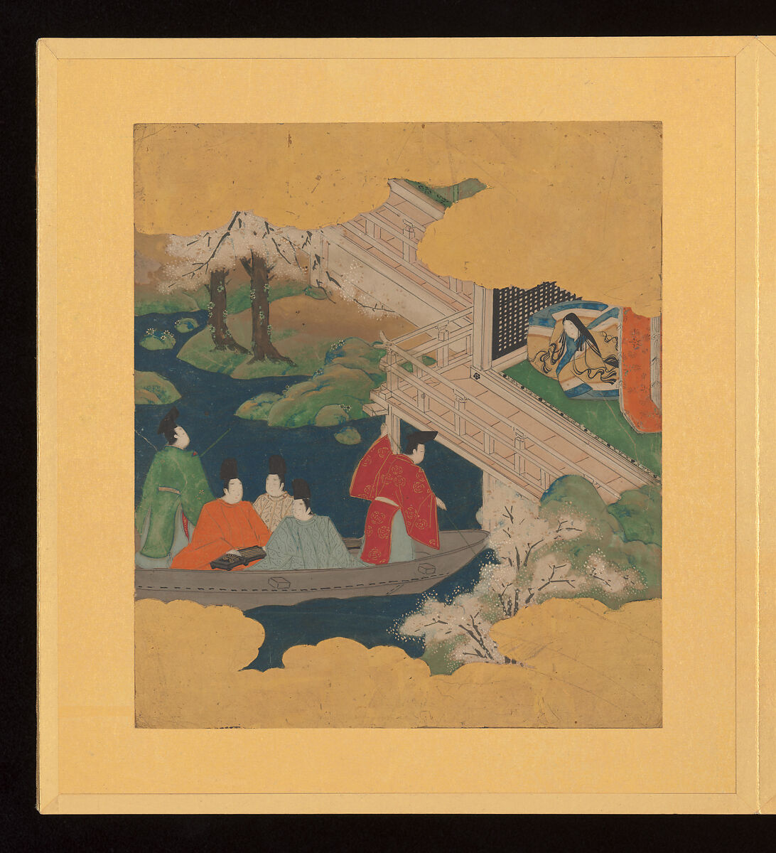 Scenes and Calligraphic Excerpts from The Tale of Genji, Tosa School, Shikishi (poetry cards) mounted in an orihon album; calligraphies: ink on decorated paper; paintings: ink, color, and gold on paper, Japan